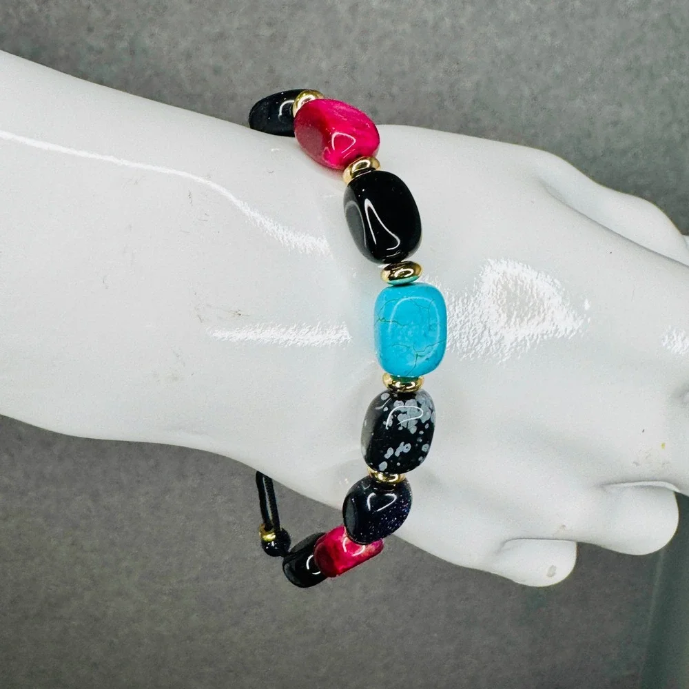Mixed Gemstone Style Bracelet Chunky Natural Stone Look Adjustable Cord 6-10 in